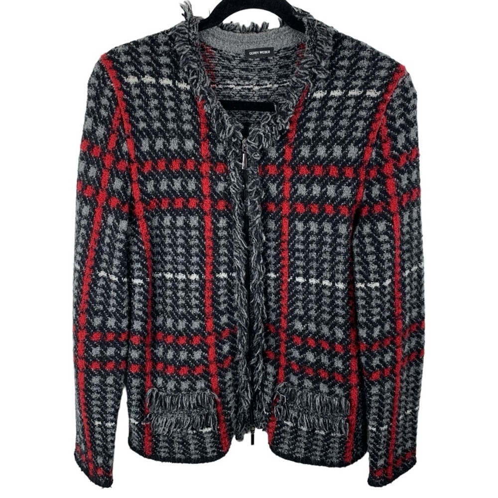 Gerry Weber sz M Black Red Grey Houndstooth Plaid Blazer Jacket Fringe Pockets